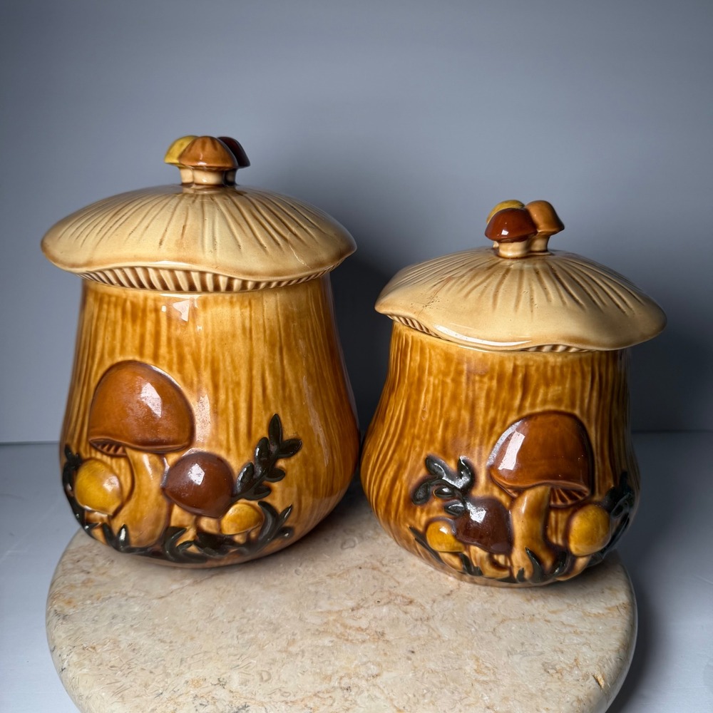 Vintage Arnel's Mushroom Ceramic Canister Set 2pc Tan Retro 70s Cracked Read